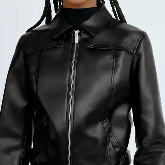 Aritzia Babaton Faux Leather Arc Bomber Jacket in Black - Picture 2 of 9